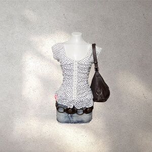 Laura White Polka Dot Eyelet Hook and Eye Corset Top Ruffle Hem